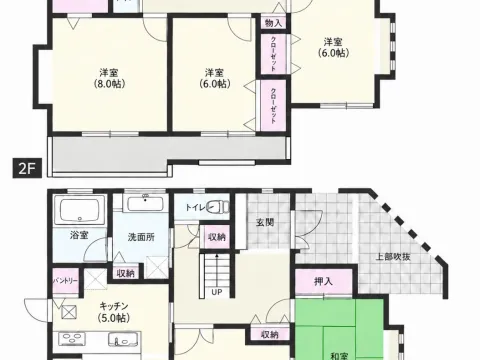 間取図：南向きの4LDK、LDK20.6帖
WIC＋下屋裏収納、各居室に収納があり、パントリーも備えています。