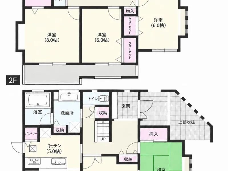 間取図：南向きの4LDK、LDK20.6帖
WIC＋下屋裏収納、各居室に収納があり、パントリーも備えています。