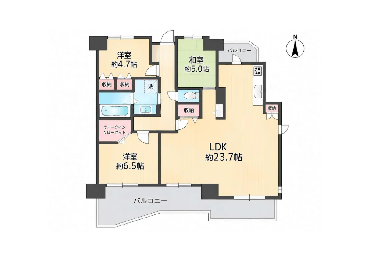 【間取り】
最上階・南向きの角部屋で、3面採光・2面バルコニー付きの3LDK。約23.7帖のLDKを中心に、リビング隣の和室と洋室2部屋があり、お子様の成長に合わせて使い方を変えられます。ウォークインクローゼットなど収納も充実。2017年に全室クロス張替え済みです。