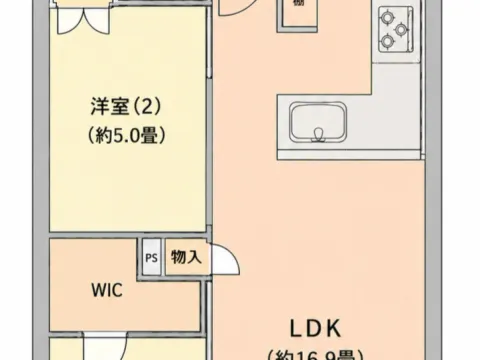 南東向きバルコニー、ＬＤＫ約１６．９帖にＷＩＣ付きの使いやすい２ＬＤＫ。