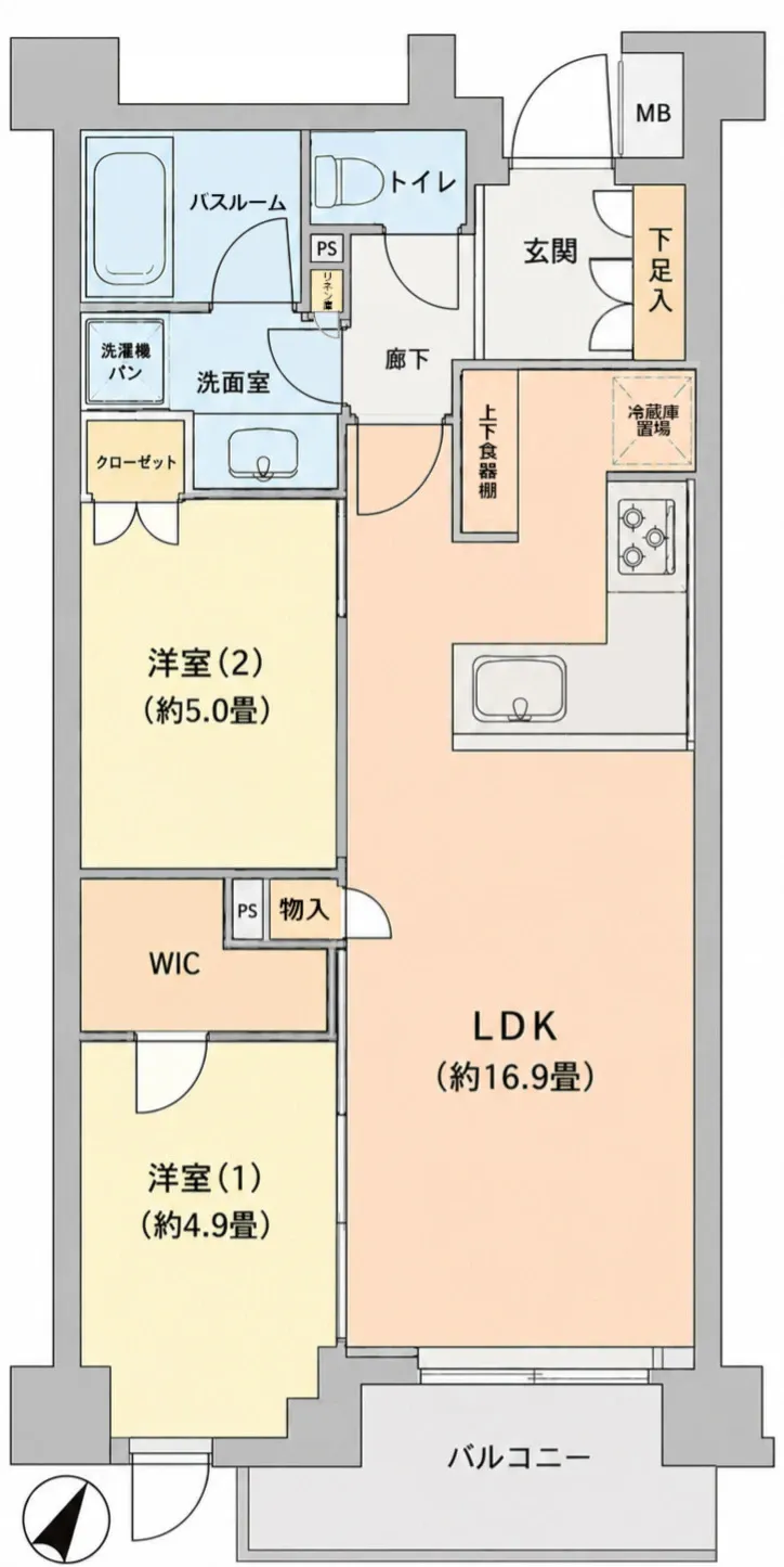 南東向きバルコニー、ＬＤＫ約１６．９帖にＷＩＣ付きの使いやすい２ＬＤＫ。