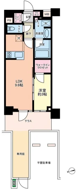 専用庭・テラス・ＷＩＣ・ＳＩＣを備えた１ＬＤＫ。１階ならではのゆとりある住まいです。