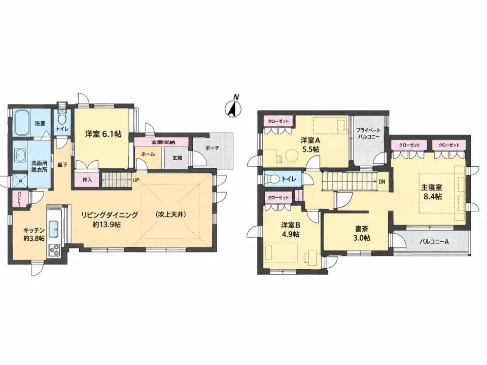 【間取り】南向きリビング・南向きバルコニー。窓が多く日当たり箇所が多い設計になっています。