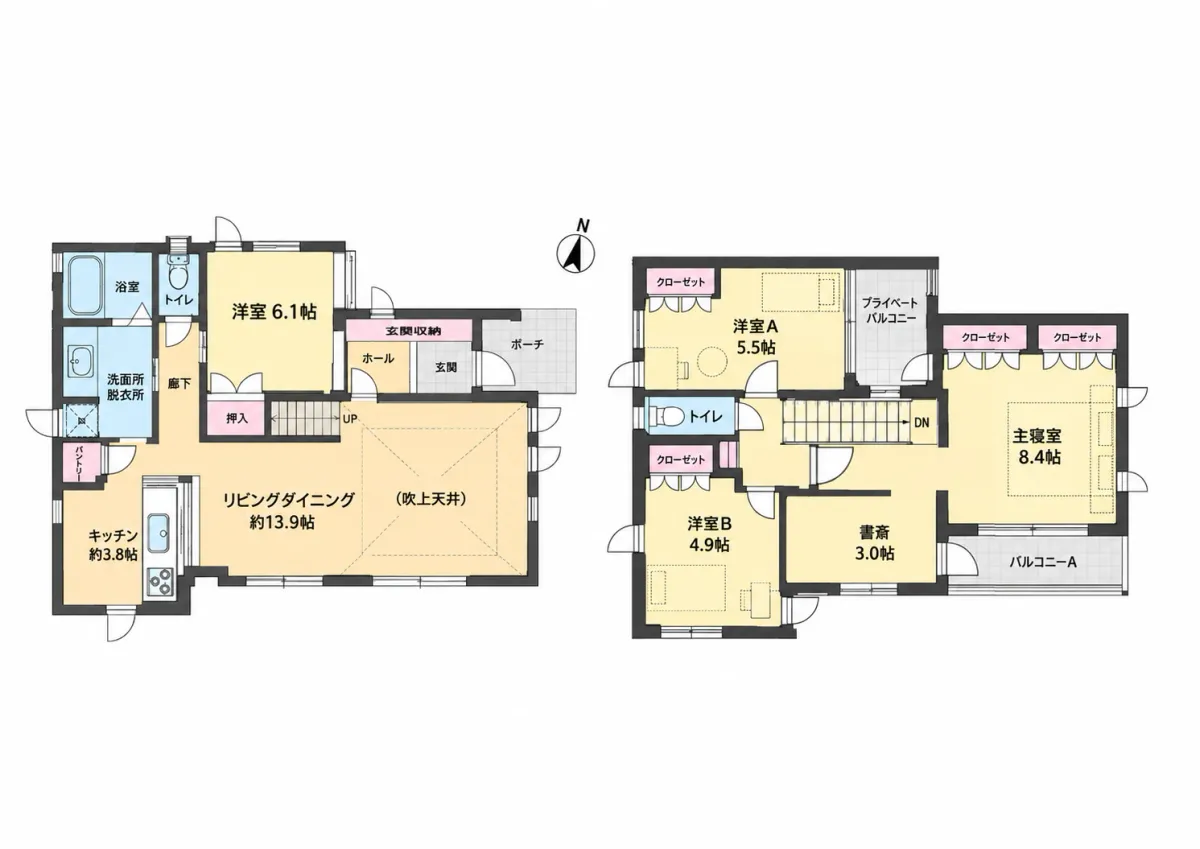 【間取り】南向きリビング・南向きバルコニー。窓が多く日当たり箇所が多い設計になっています。