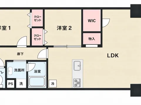 間取図：2LDK・専有面積60.76㎡。全居室に収納、WIC付き