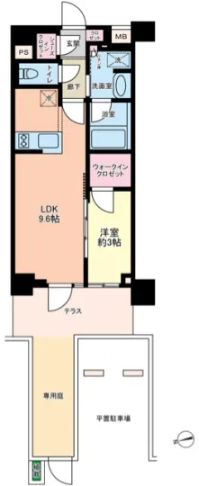 【2021年築・調布駅 徒歩６分】リビオレゾンTHURSDAY調布 1階 1LDK+WIC の間取図