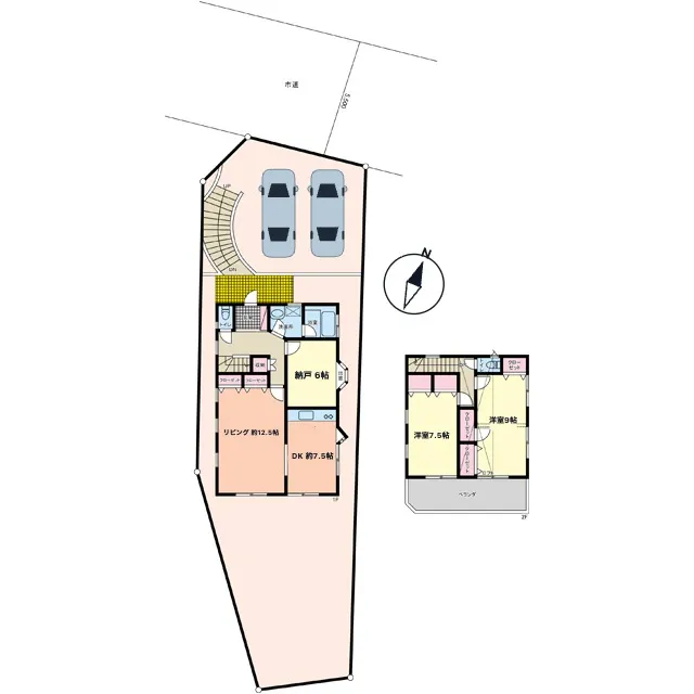 間取図　「リビング約12.5帖＋DK約7.5帖の使いやすい構成。2階は洋室7.5帖・9帖の2部屋を確保。納戸（6帖）は現況洋室として利用中で、実質3LDKとしての活用も可能です。」