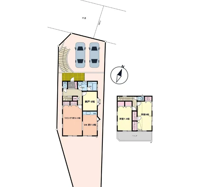 間取図　「リビング約12.5帖＋DK約7.5帖の使いやすい構成。2階は洋室7.5帖・9帖の2部屋を確保。納戸（6帖）は現況洋室として利用中で、実質3LDKとしての活用も可能です。」