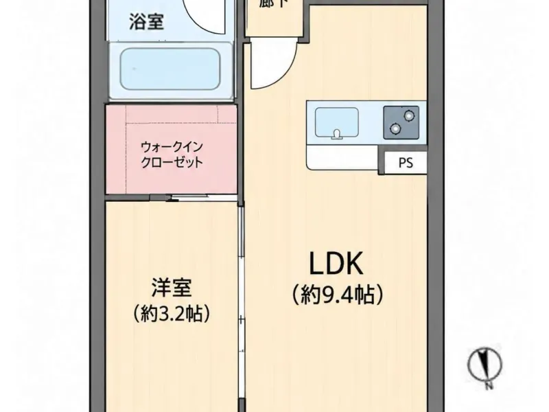 【間取り】壁芯・専有面積３３.64㎡の１ＬＤＫタイプ。ウォークインクローゼットを搭載しており、収納力にも優れています。