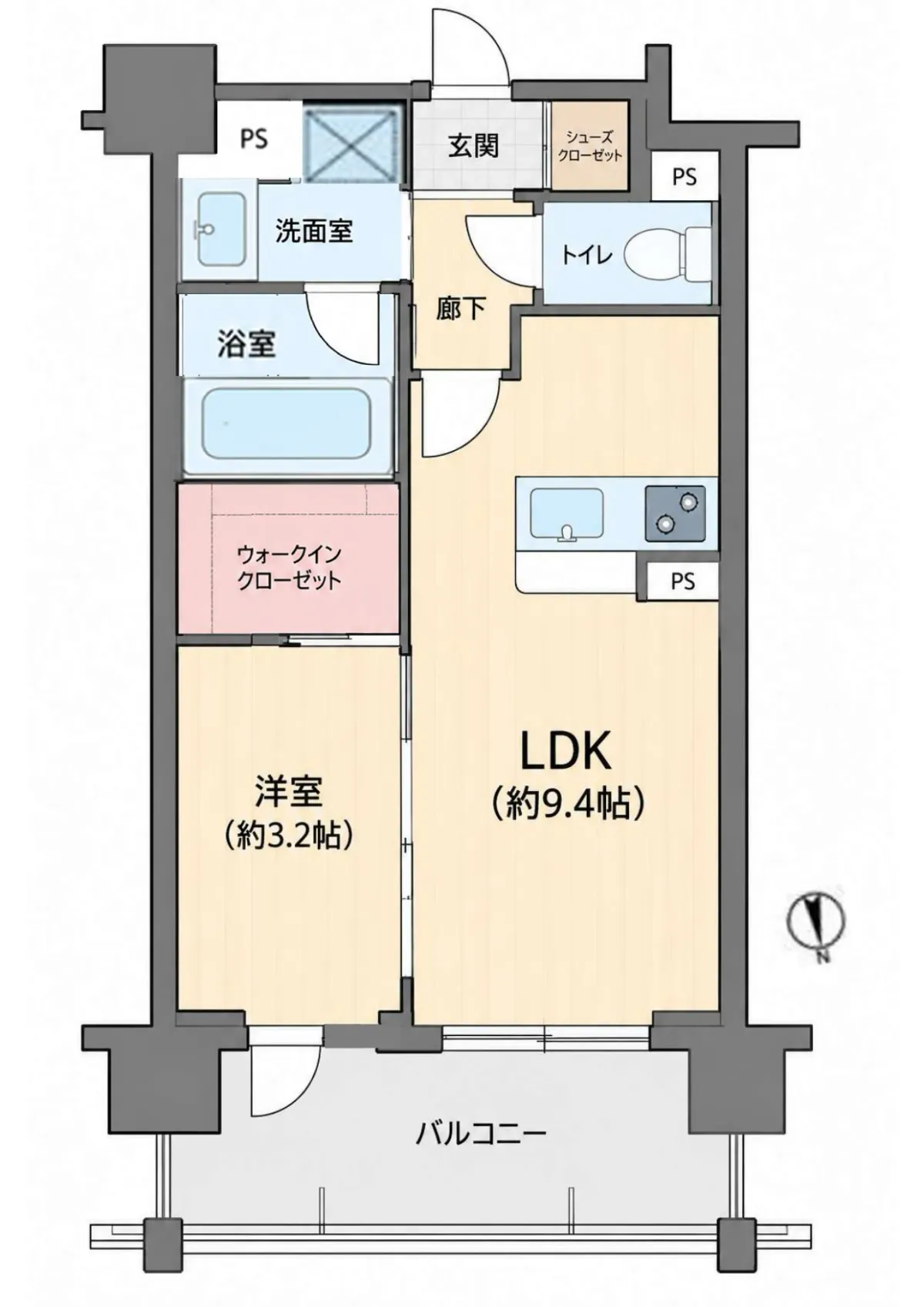 【間取り】壁芯・専有面積３３.64㎡の１ＬＤＫタイプ。ウォークインクローゼットを搭載しており、収納力にも優れています。