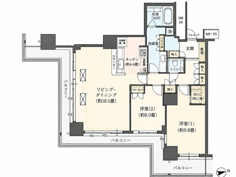 間取図：南東向きの角部屋。2面バルコニー
2ＬＤＫ＋ＷＩＣ 専有面積93.17㎡、ＬＤＫ約22.9帖