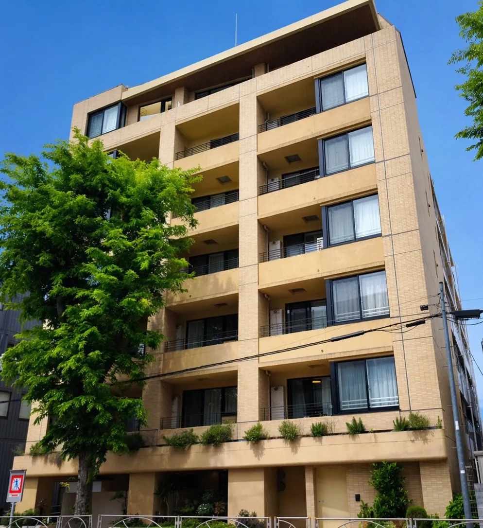 落ち着いたベージュタイルの外壁が上質な雰囲気を醸し出すレジデンス。緑豊かな街並みに調和した佇まいです。