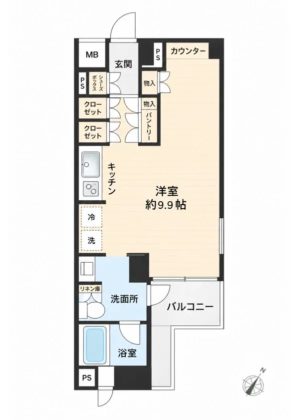 間取図：南東向きの角部屋。二面採光で約9.9帖のワンルーム
クローゼットやパントリーなど収納を多く備えています