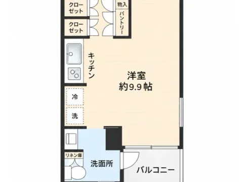 間取図：南東向きの角部屋。二面採光で約9.9帖のワンルーム
クローゼットやパントリーなど収納を多く備えています
