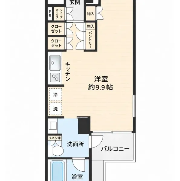 間取図：南東向きの角部屋。二面採光で約9.9帖のワンルーム
クローゼットやパントリーなど収納を多く備えています